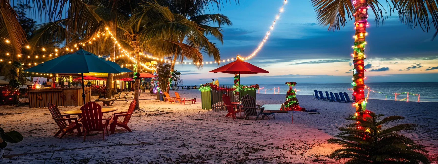 a festive beachfront setting with colorful umbrellas, lounge chairs, and a bbq for holiday celebrations in cape coral rentals.